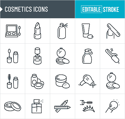 A set of cosmetics icons that include editable strokes or outlines using the EPS vector file. The icons include eye shadow, skin cream, mascara, face power, blush, lip gloss, lip stick, hair spray, lotion, nail file, face powder brush, nail polish, hand soap, curling iron, hair dryer, perfume, eye liner, and other make-up and body care icons.