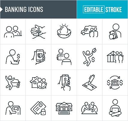 A set of banking icons that include editable strokes or outlines using the EPS vector file. The icons include a bank, bank teller, auto loan, mortgage loan, RV loan, education loan, construction loan, person banking on mobile phone, couple in front of new house, nest egg, savings, person holding cash, person applying for a loan, person doing online banking from mobile phone, online banking security, person online banking from laptop, check, person using ATM machine, financial investment and other additional icons.