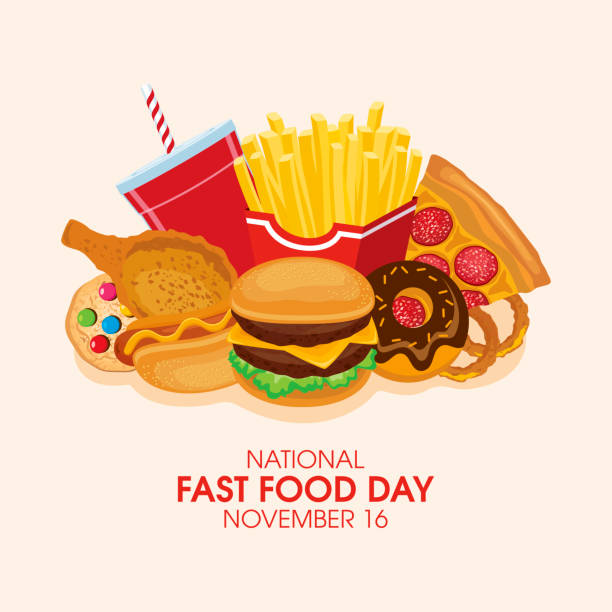 ilustrações, clipart, desenhos animados e ícones de pôster do dia nacional da fast food com pilha de junk food vetor - unhealthy eating