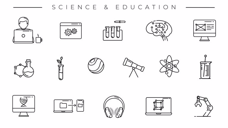 Collection of Science and Education black line icons on the alpha channel.