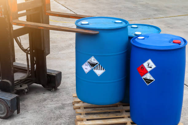 istock Warning symbol for chemical hazard on container 1438419912