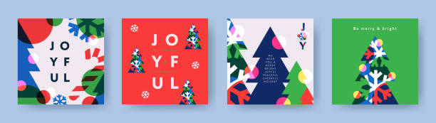 wesołych świąt i szczęśliwego nowego roku baner lub zestaw kartek z życzeniami. modny nowoczesny projekt świąteczny z typografią i elementami nakładki, płatkami śniegu, choinką. minimalny plakat, okładka, szablon mediów społecznościowych - holiday stock illustrations