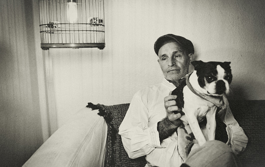 Portrait of an elderly man with his dog. They are sitting together on a sofa at home. The man looks thoughtfully to the side.