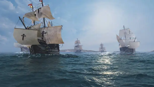 Scientific 3D reconstruction of a spanish galleon armada led by fernando magellan in the 16th century , simulated and animated ships in huge ocean bassin. This expedition sailing in front of islands into the atlantic ocean to circumnavigate the world.