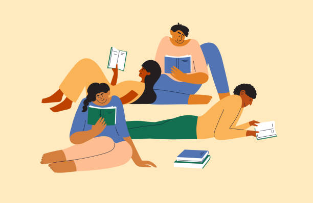 Book club, leisure vector illustration with group of diversity people read books sitting or lying down Group of people read books sitting or lying down. Men, women reading literature, poetry. Book club, leisure vector illustration. Diversity students or pupils study. Female and male characters relax book club stock illustrations