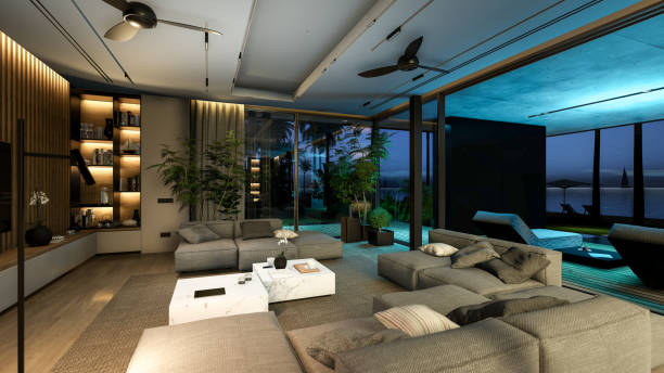 istock 3d rendering of modern cozy interior with living, dining zone, stair and kitchen in night 1438425941