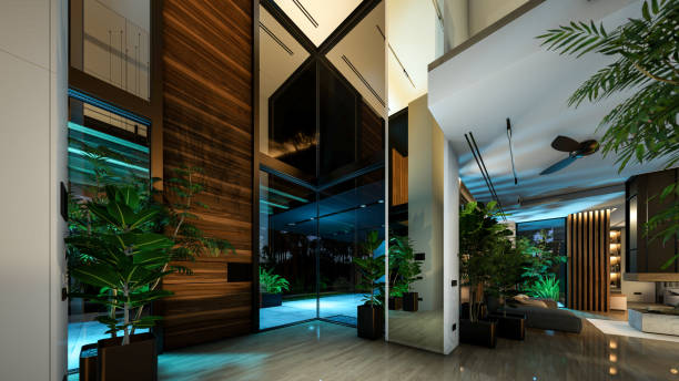 istock 3d rendering of modern cozy interior with living, dining zone, stair and kitchen in night 1438425969