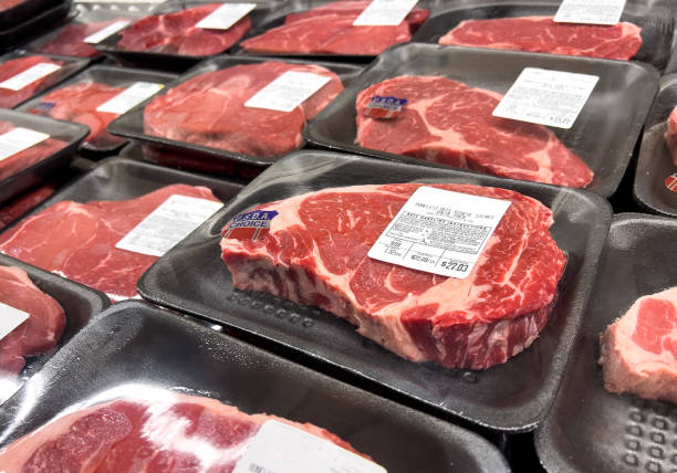 USDA Choice Beef Rib Eye Steaks for sale at a supermarket stock photo
