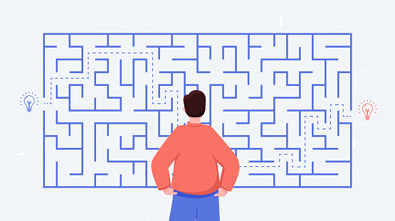 Maze on blackboard. Man looking for way out of labyrinth and solves puzzle. Brain activity, character makes decision, evaluates options. Education and training. Cartoon flat vector illustration