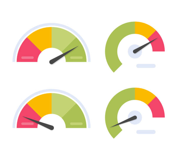 messgerät leistungsanzeige vektorsymbol oder tachometer kredit-score dashboard messen hoch und niedrig schlecht oder gut benchmark grafik farbe flaches design, barometer tachometer ui element set bild clipart - nummernscheibe stock-grafiken, -clipart, -cartoons und -symbole