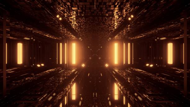 istock Cool futuristic background with golden flashing lights 1438432086