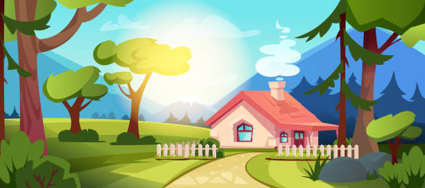 Cartoon country house in forest with green lawn, trees and mountains Country house in forest. Vector cartoon illustration of summer landscape of village with fence, path and mountains. Forester cottage with green lawn, trees, bushes, hills and sun light. fairy tale village stock illustrations