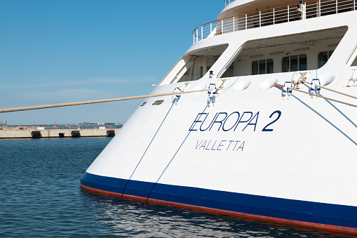 GIUDECCA, VENICE, ITALY - SEPT 2 2022: Hapag LLoyd luxury cruise ship MS Europa 2 docked in port of Giudecca, Venice in Italy.