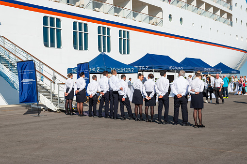 Side view bow of Viking Mars cruise ship. Famous international cruise ship dock at Surabaya, East java port harbor