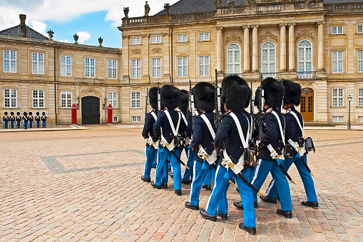 Danish Royal Guard is getting ready for the change in front of the Christian VII's Palace at Amalienborg in Copenhagen.