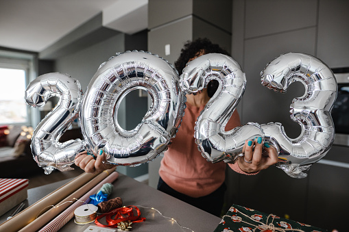 Close up shot of silver balloons with 2023 text to celebrate the New Year
