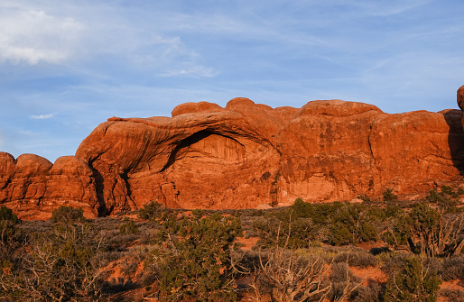 Large brilliantly lit  sandstone alcove, Arches National Park, Utah.