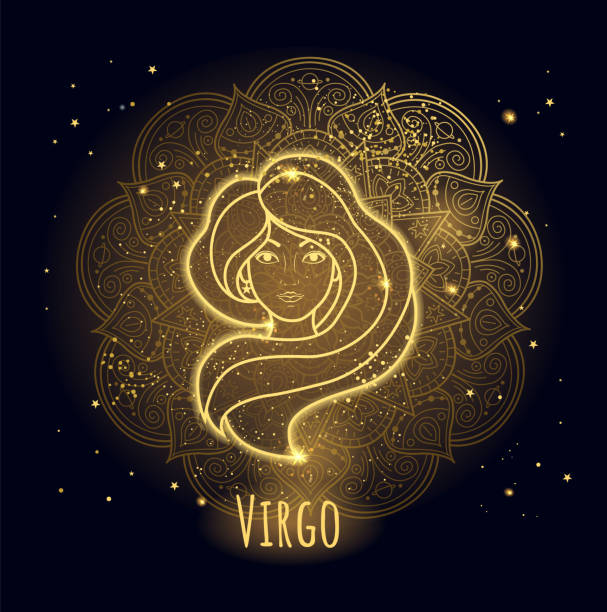 Colorful zodiac sign Virgo vector line art. Golden sparkling linear zodiac sign Virgo. Vector illustration. Line art. Zen tangle style virgo stock illustrations