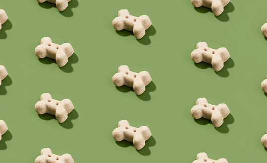 Pattern with dry dog food on green background. Healthy organic nutrition in bone shape for pets