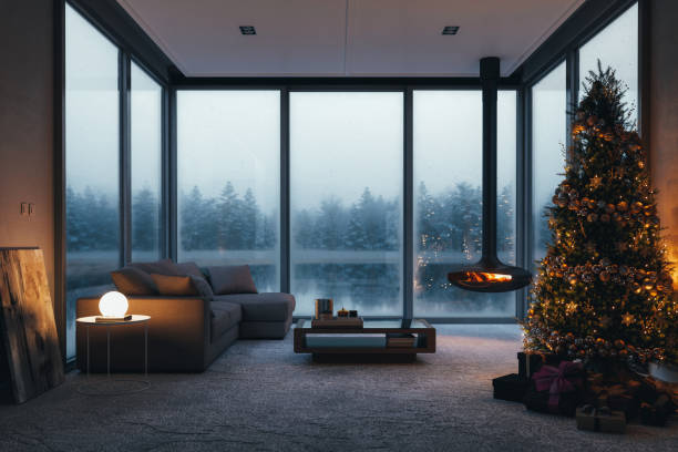 weihnachtsfeier im luxury lake house - indoors window elegance tranquil scene stock-fotos und bilder