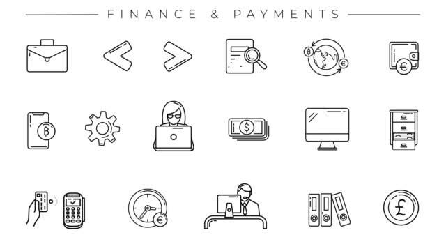 Finance and Payments set of black line icons on the alpha channel.