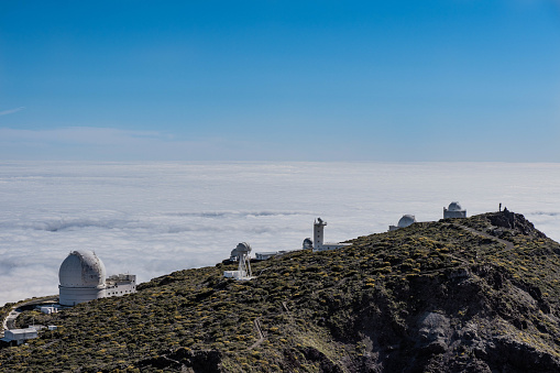 Astrophysics observatory of Roque de los Muchachos in La Palma, Canary Islands. Above the clouds in a sunny day