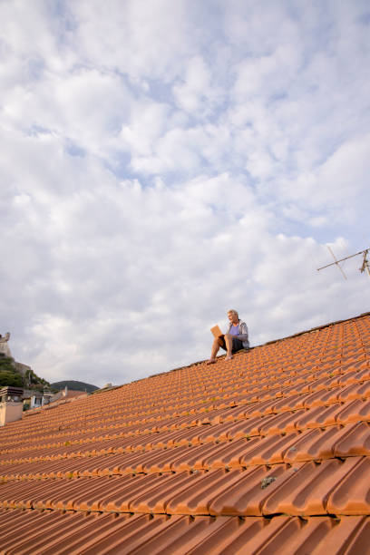 istock Senior man uses laptop on rooftop 1438440818
