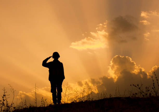 солдат салютует заходящими солнечными лучами - navy officer armed forces saluting стоковые фото и изображения