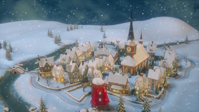 2023 Merry Christmas and Happy New Year animation. Santa Claus carries a bag with gifts. View of a small town or village on a winter night at Christmas.