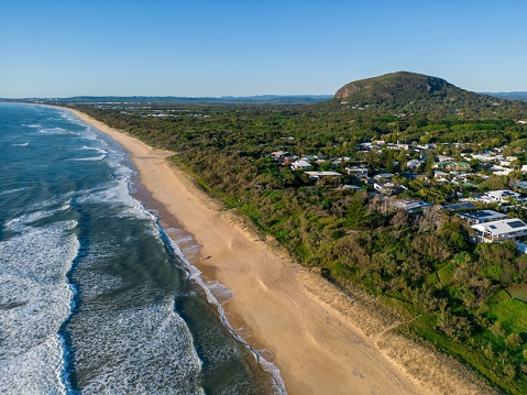 An aerial shot of  Yaroomba beach and Mt Coolum on the Sunshine Coast Queensland