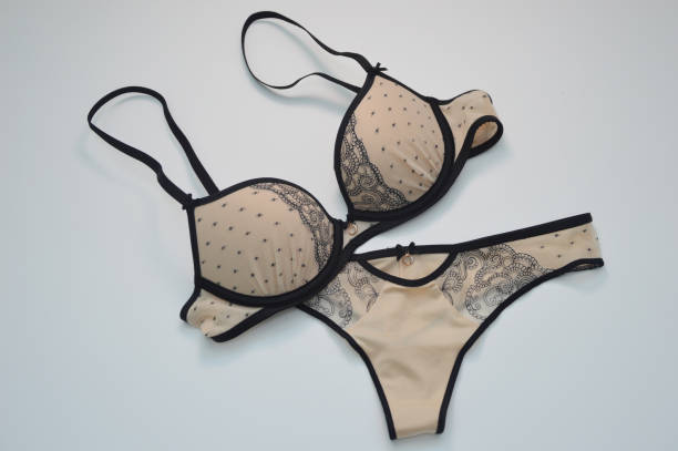 istock Lingerie. Beige bra and panties with black lace pattern, isolate on white background. Fashionable collection of women's underwear. 1438446955