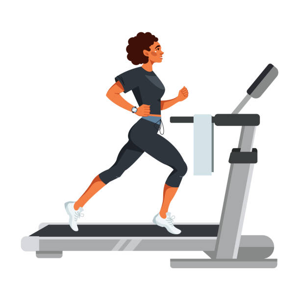 A young athletic African-American woman runs on a treadmill. Vector illustration A young athletic African-American woman runs on a treadmill. Preparation for sports competitions, endurance training, marathons, running. Vector illustration in a flat style treadmill stock illustrations