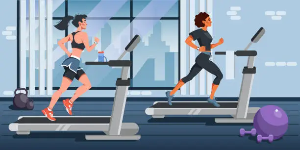 Vector illustration of Vector illustration in a flat style with young girls running on a treadmill in a fitness room