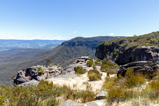 View to the Megalong Valley in Blue Mountains National Park, background with copy space, full frame horizontal composition