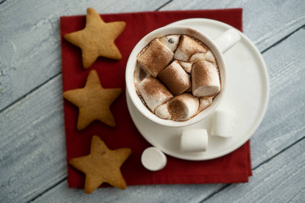 istock Cup with hot chocolate and marshmallows. Flat lay 1438451311