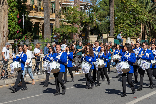Nicosia, Cyprus, October 28th, 2022:  School marching band in uniform taking part in Ohi Day parade
