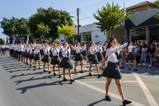 Limassol, Cyprus, October 28th, 2022: High school students marching in unison on Ohi Day parade