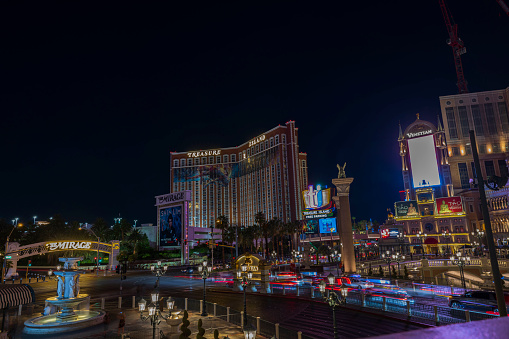 Las Vegas, Nevada, USA - May 13, 2019: Hotels and Casinos along the strip at dusk.