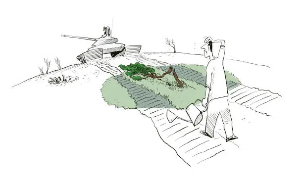 Vector illustration of the tank enters the garden and crushes the tree