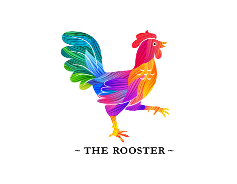 Vector Rooster with Bright Rainbow Colored Feathers. Colorful Symbol of New Year. Chinese Zodiac Sign. Creative Illustration.