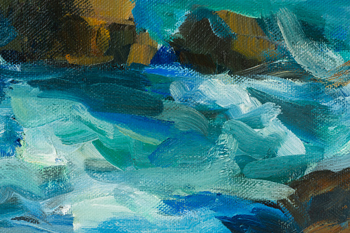 Sea oil painting. Abstract turquoise seascape. Impressionism, plein-air sketch, original work. The concept of summer, recreation. Artistic pictorial background for creative design of postcards, covers