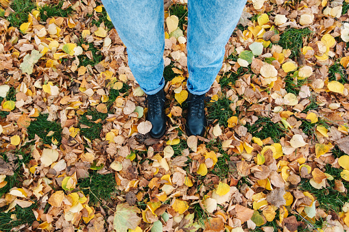 Personal perspective of a woman standing on autumn leaves