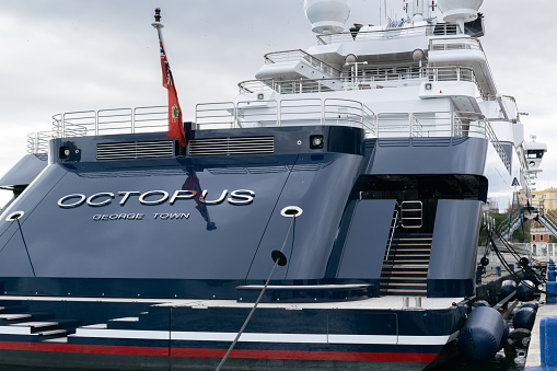 malaga, Spain – February 02, 2020: Rear view of Paul Allen's yacht named Octopus moored at harbor