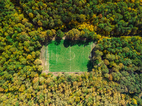 Aerial view of empty football field in middle of forest. Beautiful autumn day