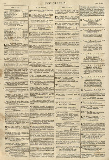 illustrazioni stock, clip art, cartoni animati e icone di tendenza di vecchia pagina di giornale vittoriano vintage, avvisi, pubblicità, 1870, 19 ° secolo - aged effect