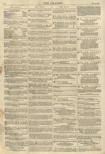 Vintage old Victorian newspaper page, notices, adverts, 1870s, 19th Century