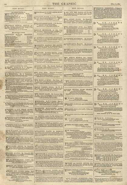 Vintage old Victorian newspaper page, notices, adverts, 1870s, 19th Century vector art illustration