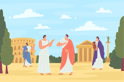 Cartoon Color Characters People and Ancient Roman Concept on a Historical Landscape Scene Flat Design Style. Vector illustration