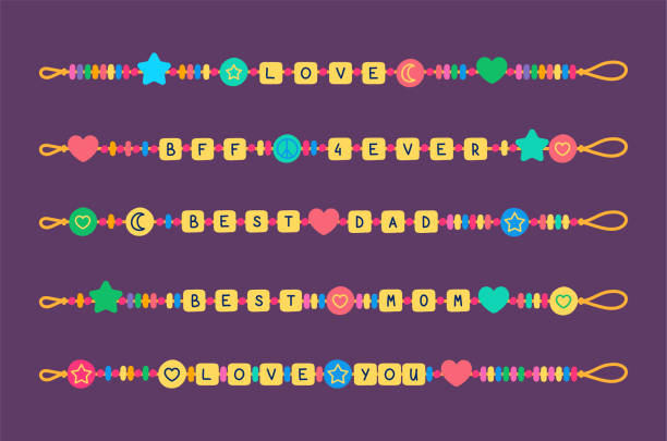 Cartoon Color Different Plastic Beads Bracelets Set. Vector Cartoon Color Different Plastic Beads Bracelets Set Handmade and Friendship Concept Flat Design Style. Vector illustration Bead stock illustrations