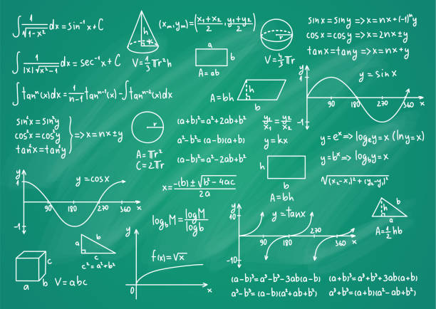 mathematische formeln auf grünem tafelhintergrund. vektor - mathematical symbol mathematics formula blackboard stock-grafiken, -clipart, -cartoons und -symbole